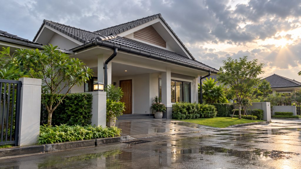 บ้านเดี่ยวหลังฝนตก เห็นหลังคา รางน้ำ และทางระบายน้ำหน้าบ้าน