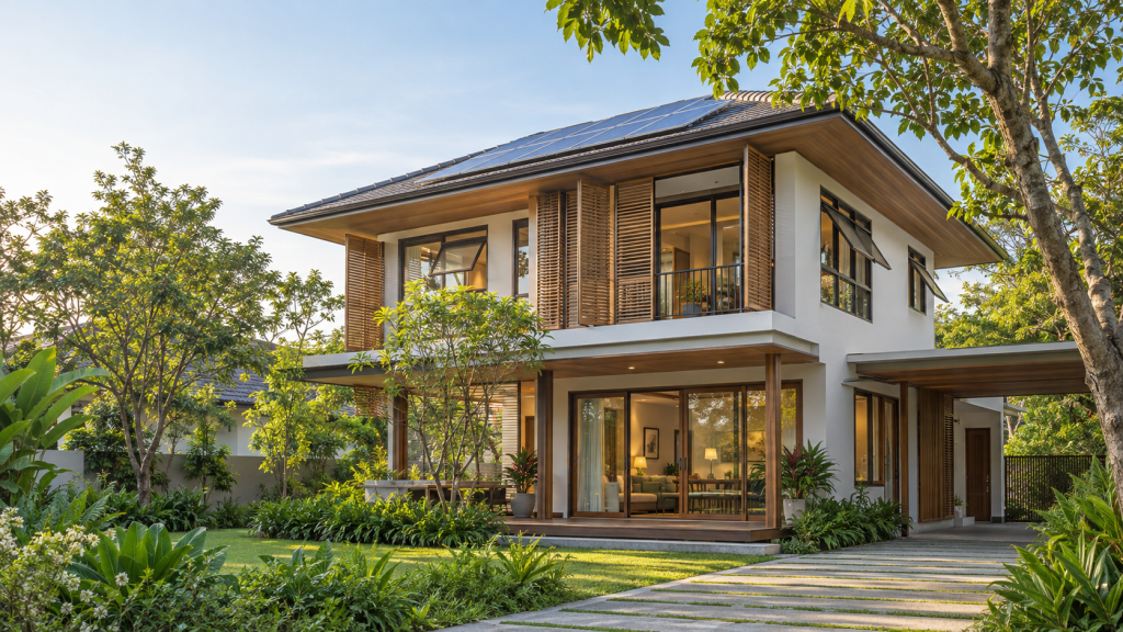 บ้านสมัยใหม่ที่ออกแบบให้ร่มเย็นด้วยชายคา ระแนง ต้นไม้ และโซลาร์เซลล์