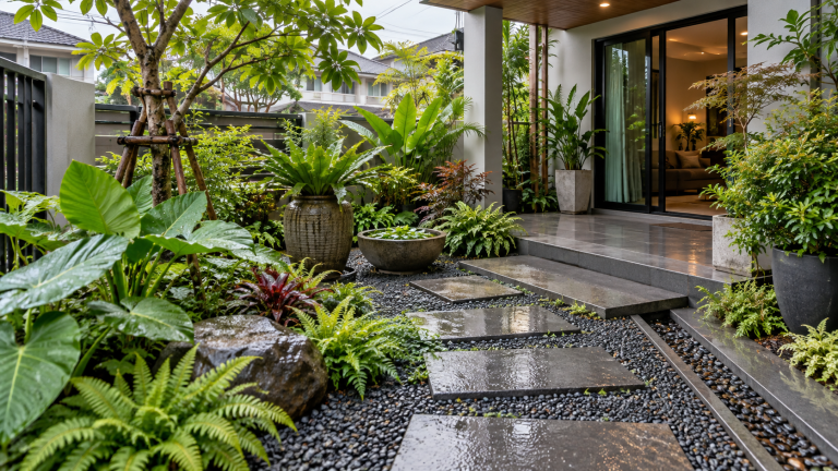 จัดสวนหน้าบ้านรับหน้าฝนปี 2569: 7 วิธีให้สวย ดูแลง่าย และไม่เกิดน้ำขัง